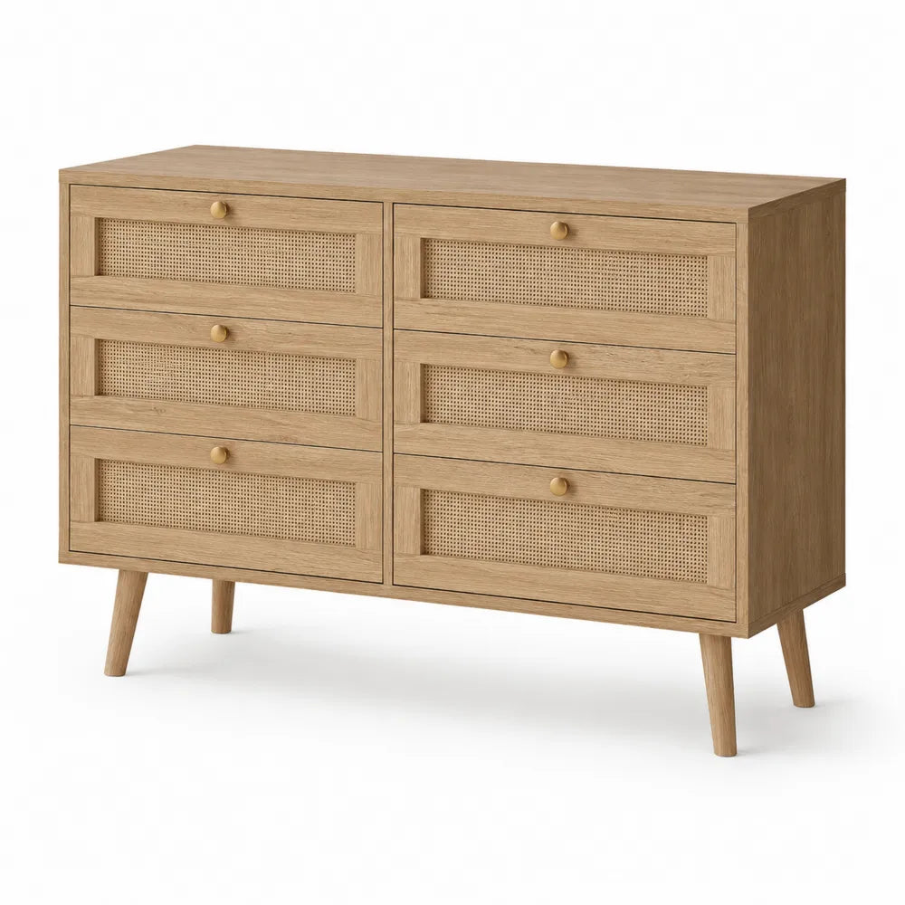 Commode en bois et rotin avec 6 tiro