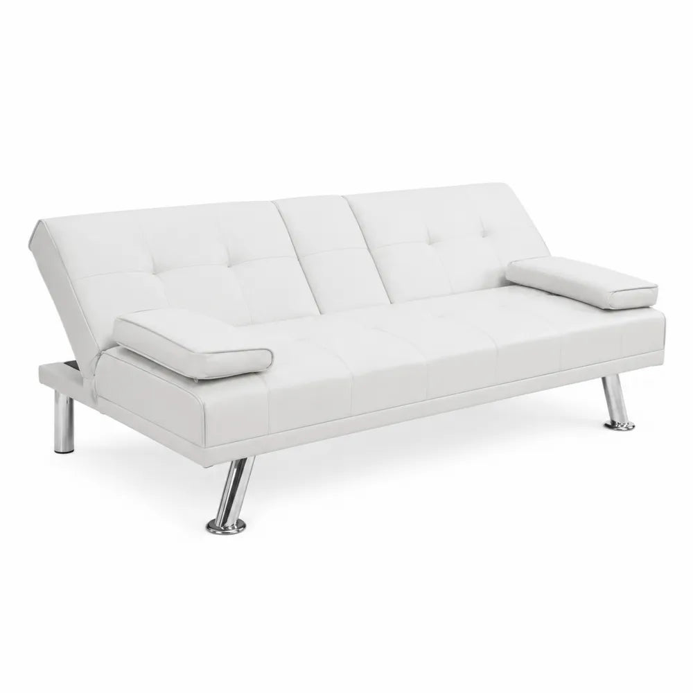 Canap¨¦-lit 3 places en cuir synth¨¦tique blanc avec pieds en m¨¦