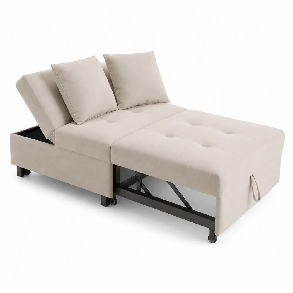 Canap¨¦-lit en tissu beige avec coussins et